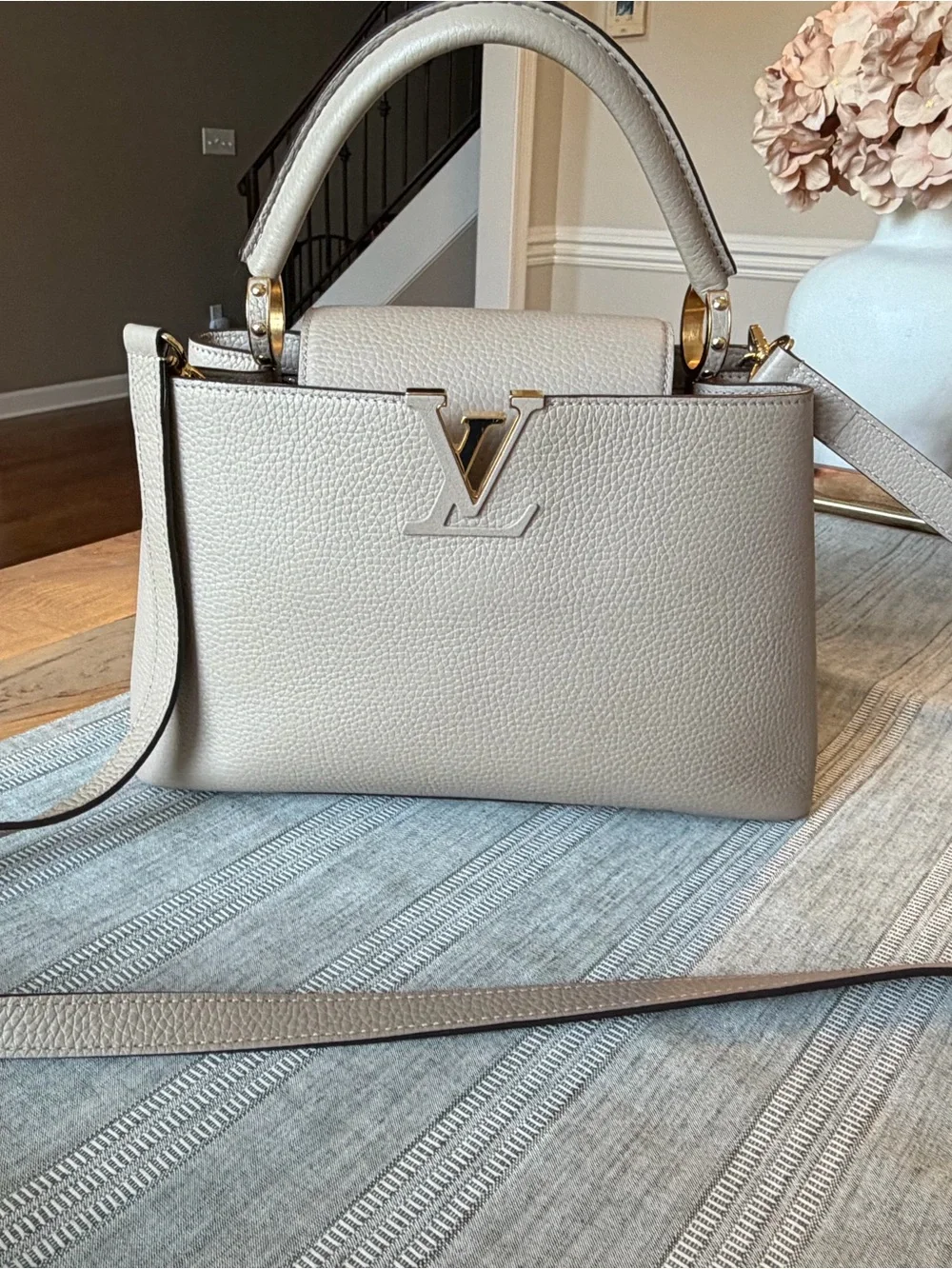 Louis Vuitton Beige/Light Taupe Leather Satchel with Gold LV Accent